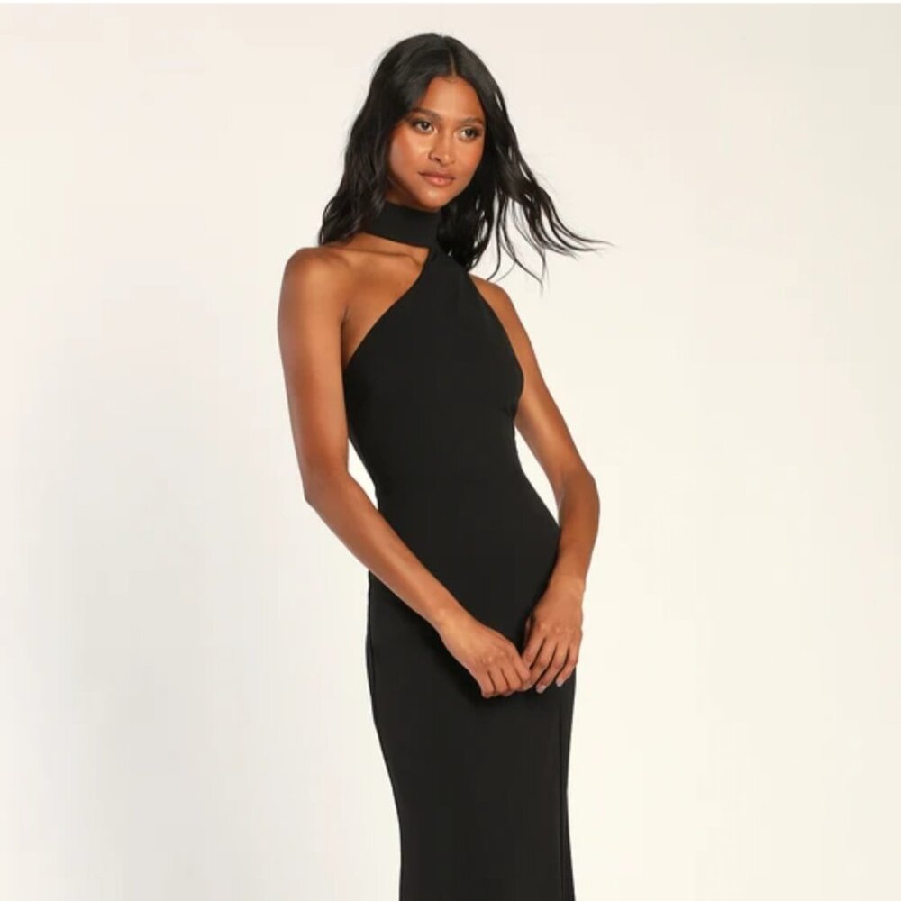Lulus Keep It Interesting Black Asymmetrical Cutout Halter Maxi Dress - Size M